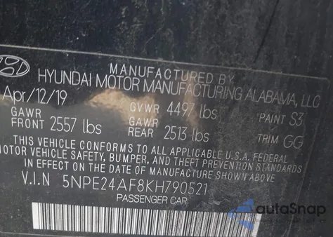 2019 Hyundai Sonata Se from USA, damaged, VIN 5NPE24AF8KH790521